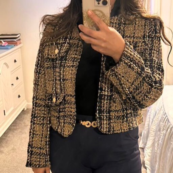 Classic Plaid Print Tweed Open Front Jacket Coat - Picture 2 of 9